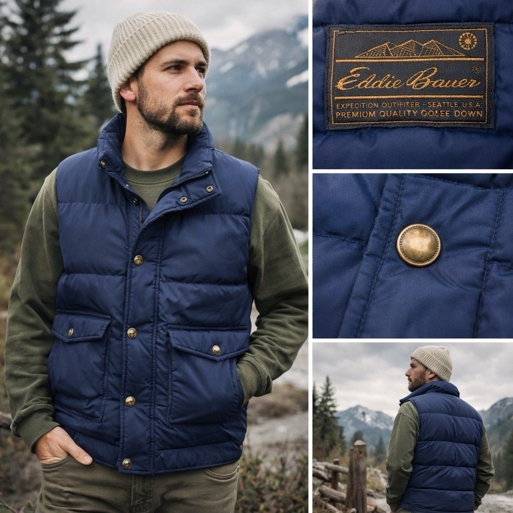 Vintage Eddie‎ Bauer Goose Down Vest Mens Small Blue Navy Puffer 90s Cabincore